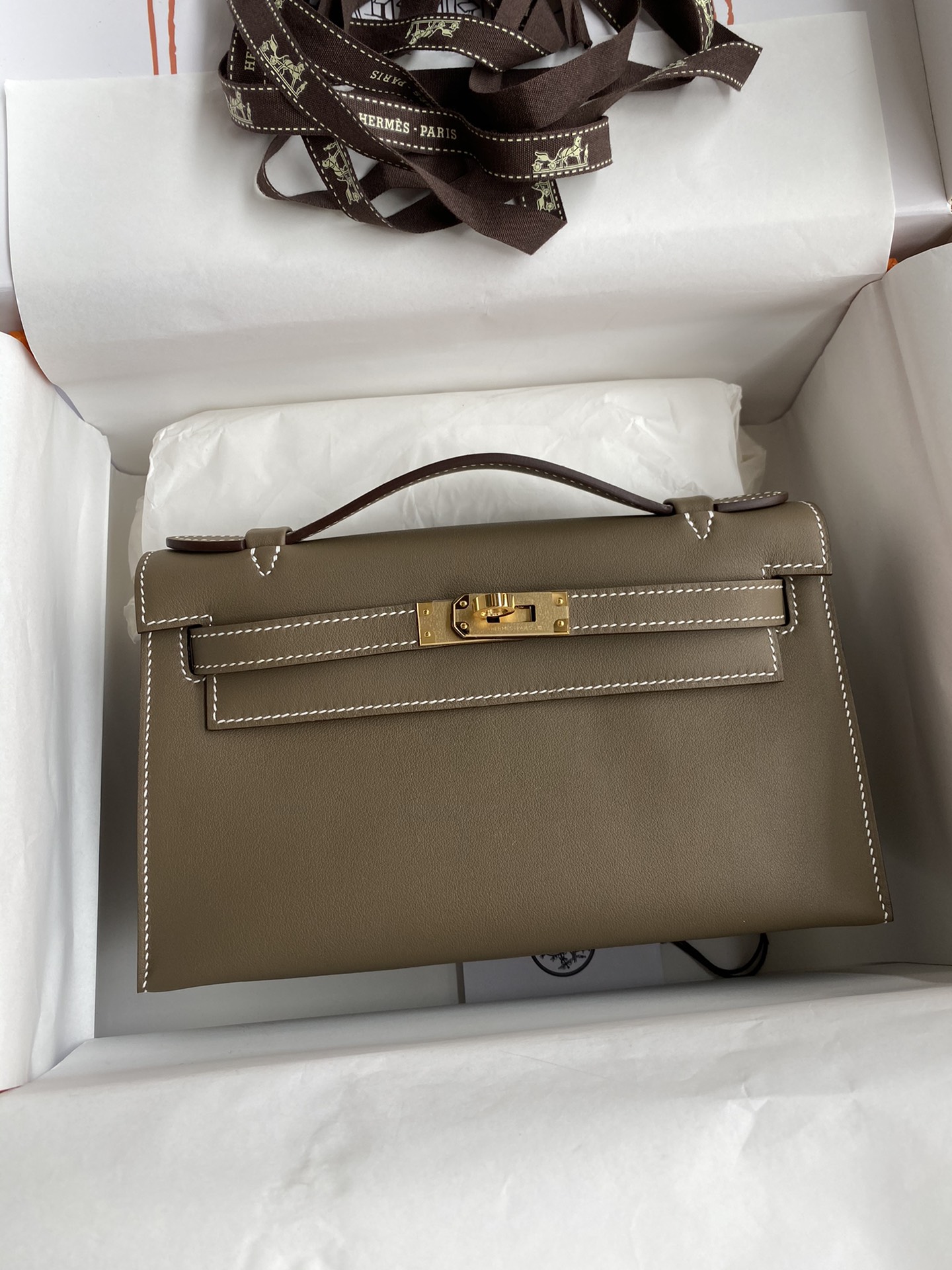 Hermes Mini Kelly Pochette 22cm Bag In Etoupe Swift Leather